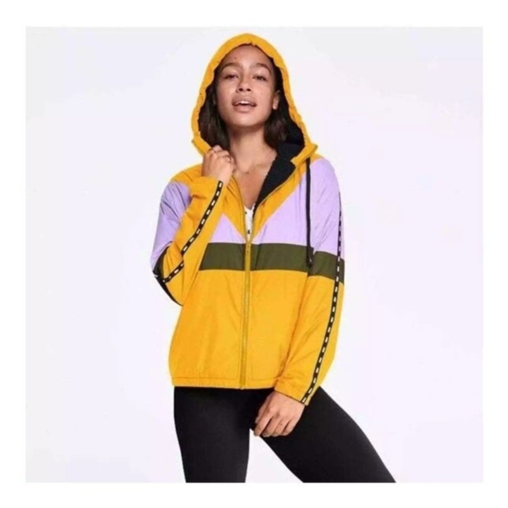 Victoria's Secret PINK Color Block Zip‎ Up Hooded Jacket Sherpa Lined XS/S